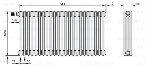 Схема (чертеж) Радиатор Zehnder Charleston 3100/23 №V001 Белый глянцевый RAL 9016